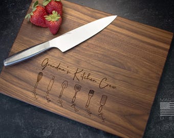 Personalized Walnut Cutting Board for Grandma With Grandkid's Names | Grandma's Kitchen Crew | Custom Grandparent Christmas Gift