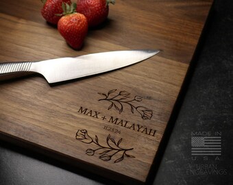 Wood Cutting Board, Personalized Cutting Board, Floral Engagement Gift For Couple, Personalized Charcuterie Board, Engraved Wedding