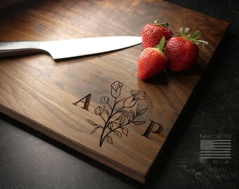 Wood Cutting Board, Personalized Cutting Board, Floral Engagement Gift For Couple, Personalized Charcuterie Board, Engraved Wedding