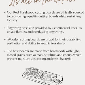 a wooden cutting board with various food items on it, along with a caption describing the image.