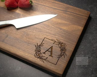 Wood Cutting Board, Personalized Cutting Board, Floral Engagement Gift For Couple, Personalized Charcuterie Board, Engraved Wedding