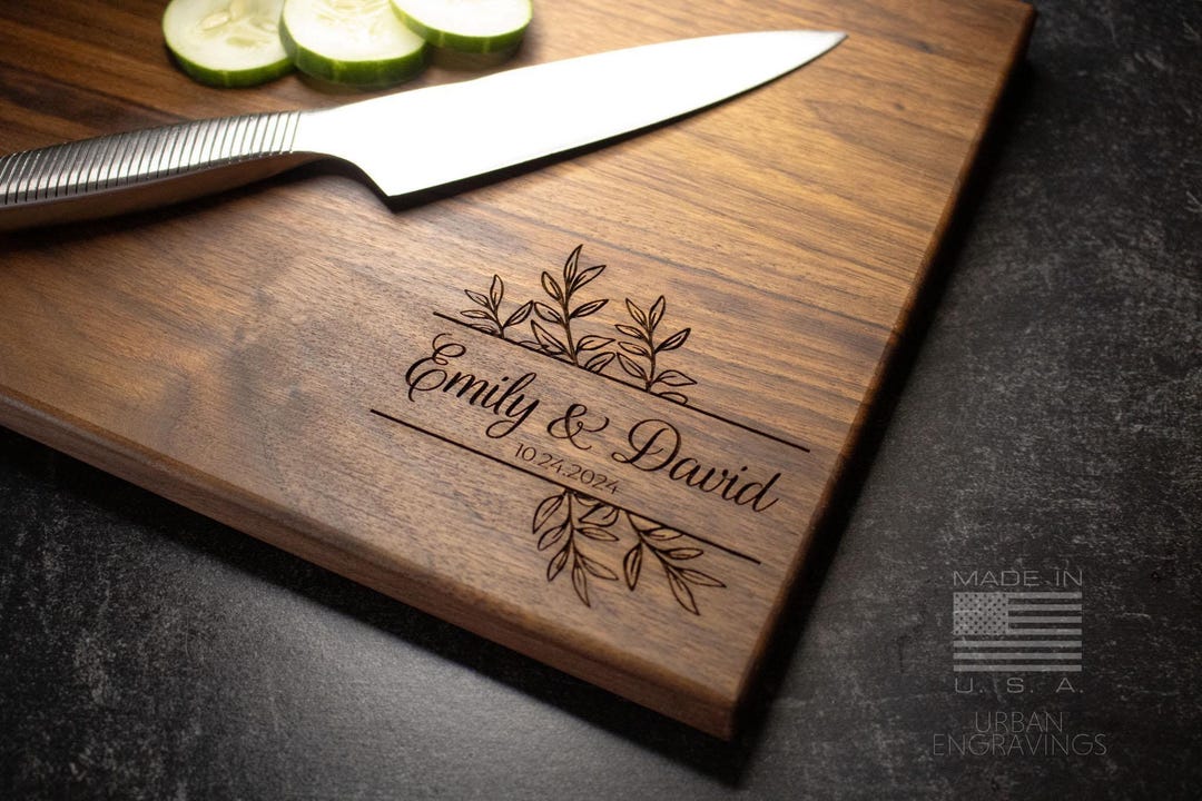 Wood Cutting Board, Personalized Cutting Board, Floral Engagement Gift For Couple, Personalized Charcuterie Board, Engraved Wedding - 9x12 Arched Walnut