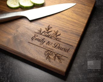 Wood Cutting Board, Personalized Cutting Board, Floral Engagement Gift For Couple, Personalized Charcuterie Board, Engraved Wedding