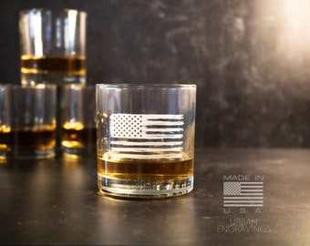 Patriotic Distressed American Flag Etched Rocks Glass | On The Rocks Glass | Father's Day Gift | Etched Engraved Whiskey Glass | WG008