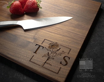 Wood Cutting Board, Personalized Cutting Board, Floral Engagement Gift For Couple, Personalized Charcuterie Board, Engraved Wedding