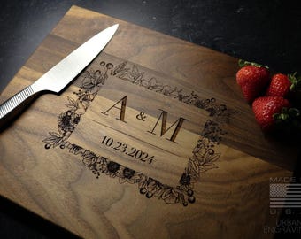 Wood Cutting Board, Personalized Cutting Board, Floral Engagement Gift For Couple, Personalized Charcuterie Board, Engraved Wedding