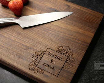 Wood Cutting Board, Personalized Cutting Board, Floral Engagement Gift For Couple, Personalized Charcuterie Board, Engraved Wedding