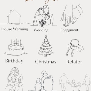a collection of ideal gift illustrations, including a house warming, wedding, engagement, birthday, Christmas, relator, mothers day, and grandfathers day.