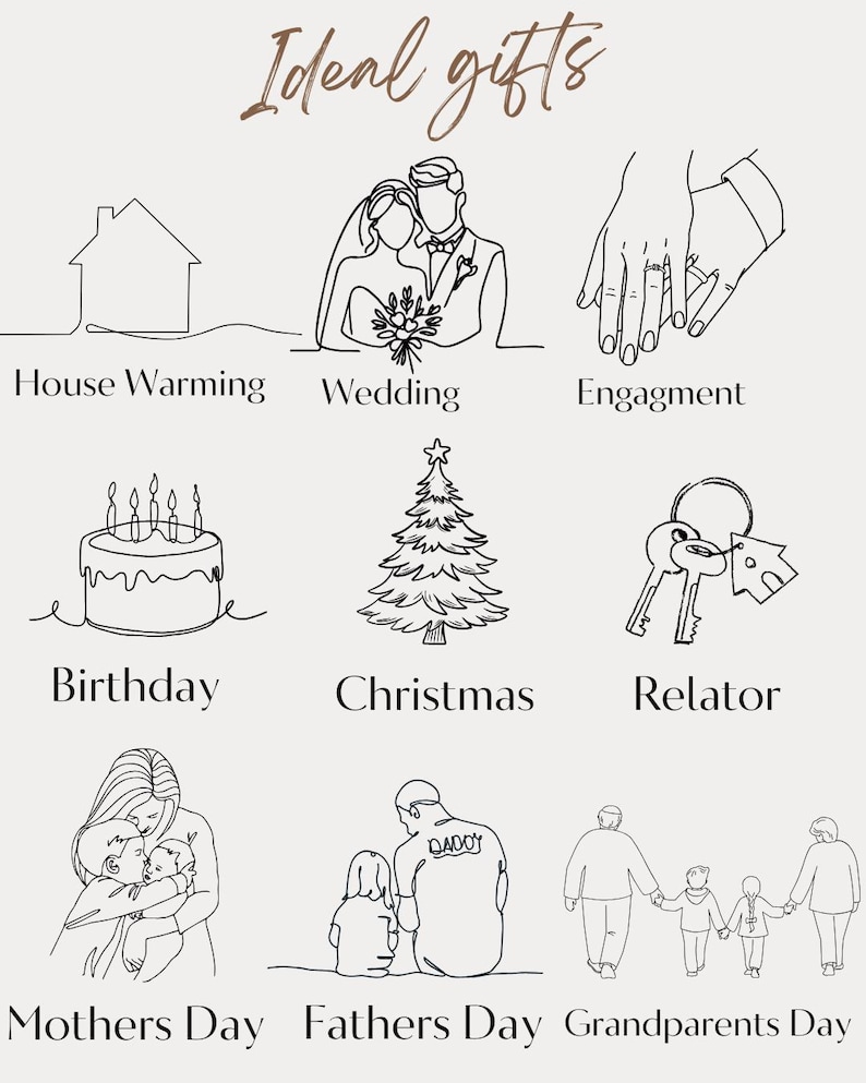 a collection of ideal gift illustrations, including a house warming, wedding, engagement, birthday, Christmas, relator, mothers day, and grandfathers day.