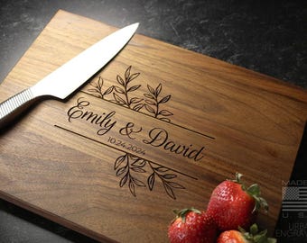 Wood Cutting Board, Personalized Cutting Board, Floral Engagement Gift For Couple, Personalized Charcuterie Board, Engraved Wedding