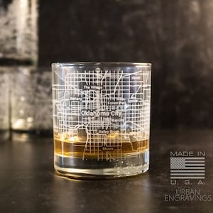 Oklahoma City Map Rocks Glass | On The Rocks Glass | New Home Housewarming Gift | Etched Engraved Whiskey Glass | WG029