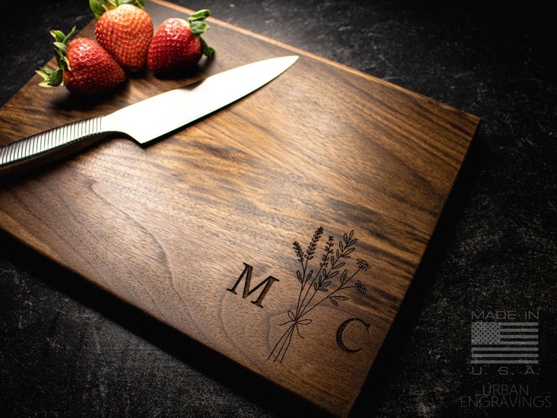 Wood Cutting Board, Personalized Cutting Board, Floral Engagement Gift For Couple, Personalized Charcuterie Board, Engraved Wedding, 315