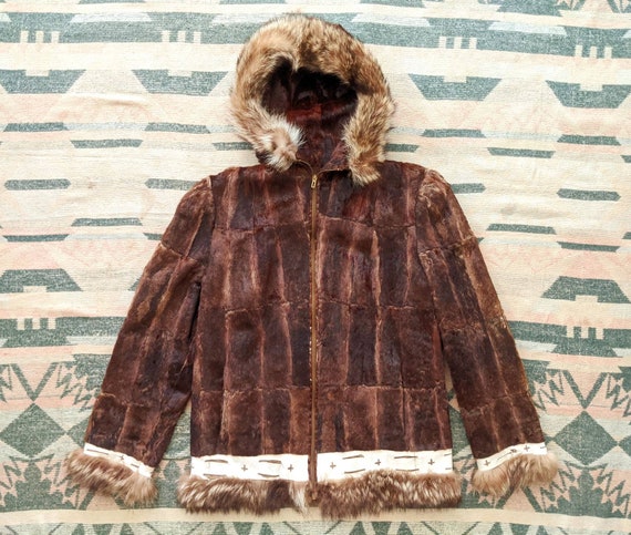 1930's 40's Puff Sleeve Hooded Fur Jacket M Medium