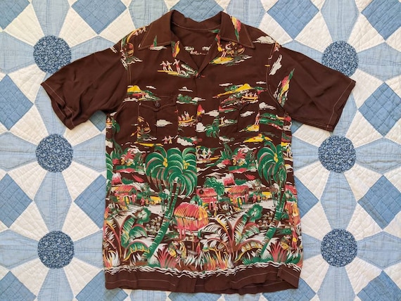 1940's Rayon Border Print Aloha Shirt M Medium Vin