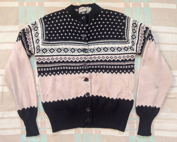 1950's Pink and Black Cardigan M Medium Vintage 19