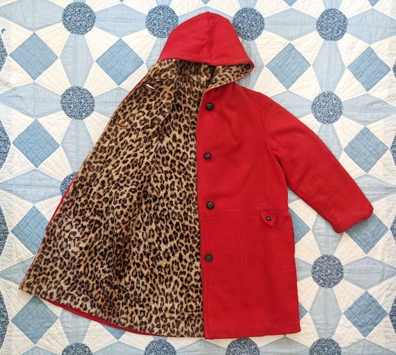 1940's Hooded Cheetah Print Coat M Medium L Large