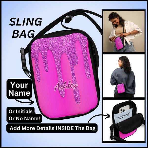 Your Name Hot Pink Paint Drip Utility Crossbody Cross Body Sling Bag Gift for Lady Woman Mother Mom Wife Sister Teen Little Girl Child