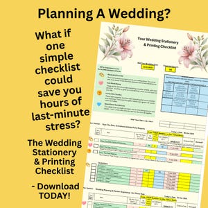 Può includere: Un elenco di controllo per la cancelleria e la stampa di matrimoni con il testo "Planning A Wedding?" e "Download TODAY!". L'elenco include sezioni per inviti e quaderni di pianificazione, con accenti floreali.