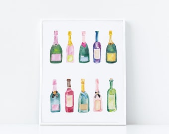 Champagne and Wine Watercolor Painting Print |  11x14 inches |  Pink Rosé Art | Fashion Poster | Home Decor | Wall Art | Free Shipping
