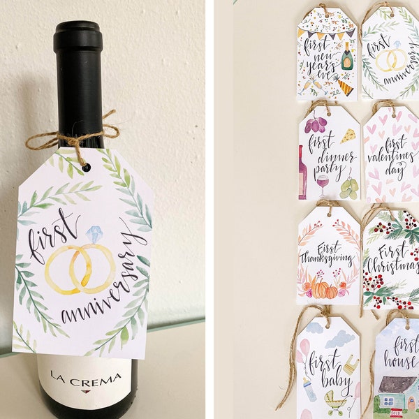 Printed Marriage Milestone Tags | Watercolor Wine Tags | First Year Milestones | Wine Basket Tags | Wedding Gift | Free Shipping