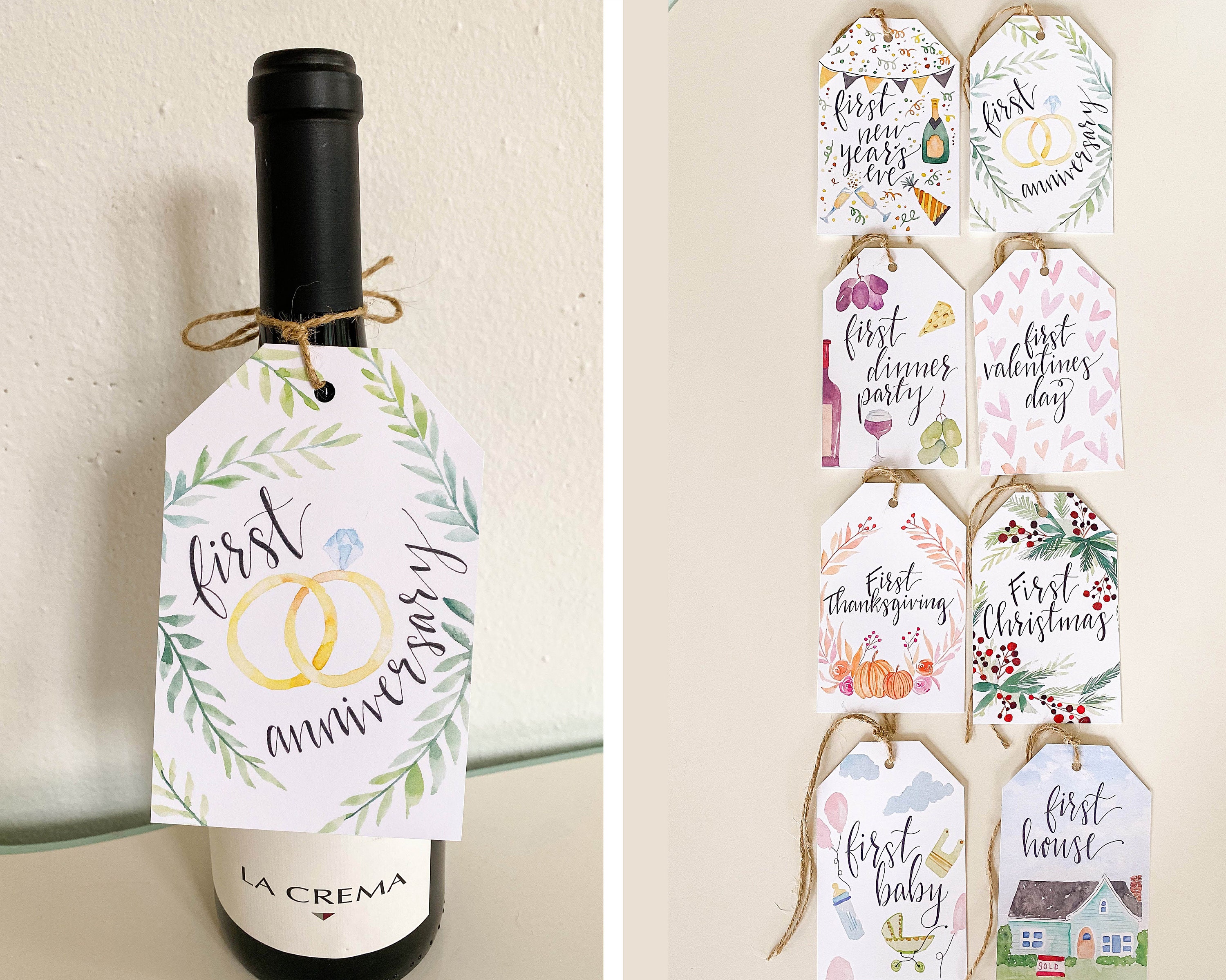 Printed Marriage Milestone Tags Watercolor Wine Tags First Year printed-marriage-milestone-tags-watercolor-wine-tags-first-year