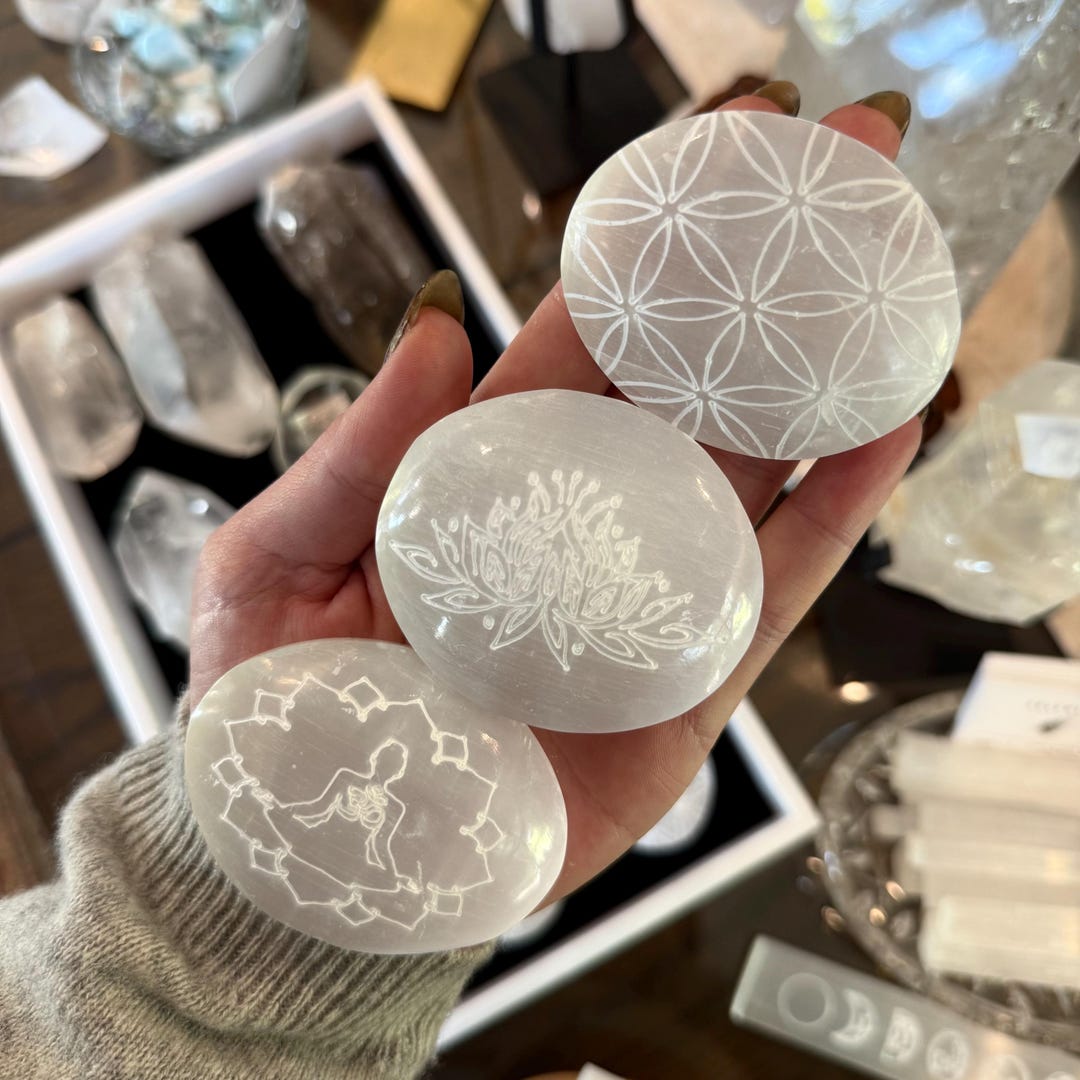 Selenite Engraved Palm Stone Flower Of Life Lotus Meditation For selenite-engraved-palm-stone-flower-of-life-lotus-meditation-for