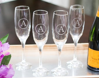 SET OF 4 Etched Champagne Glasses, Personalized Glasses, Monogram Champagne Flutes, Etched Glasses, Personalized Champagne Flute,