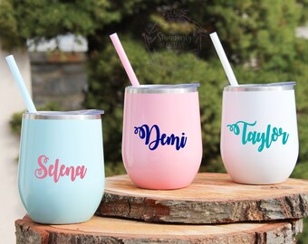 Vaso de vino, vaso de vino con tapa y paja, vaso de vino personalizado, vaso de nombre personalizado, copas de despedida de soltera, despedida de soltera