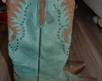 Vintage Dan Post Leather Cowboy Boots, Blue Brown Western Size 8