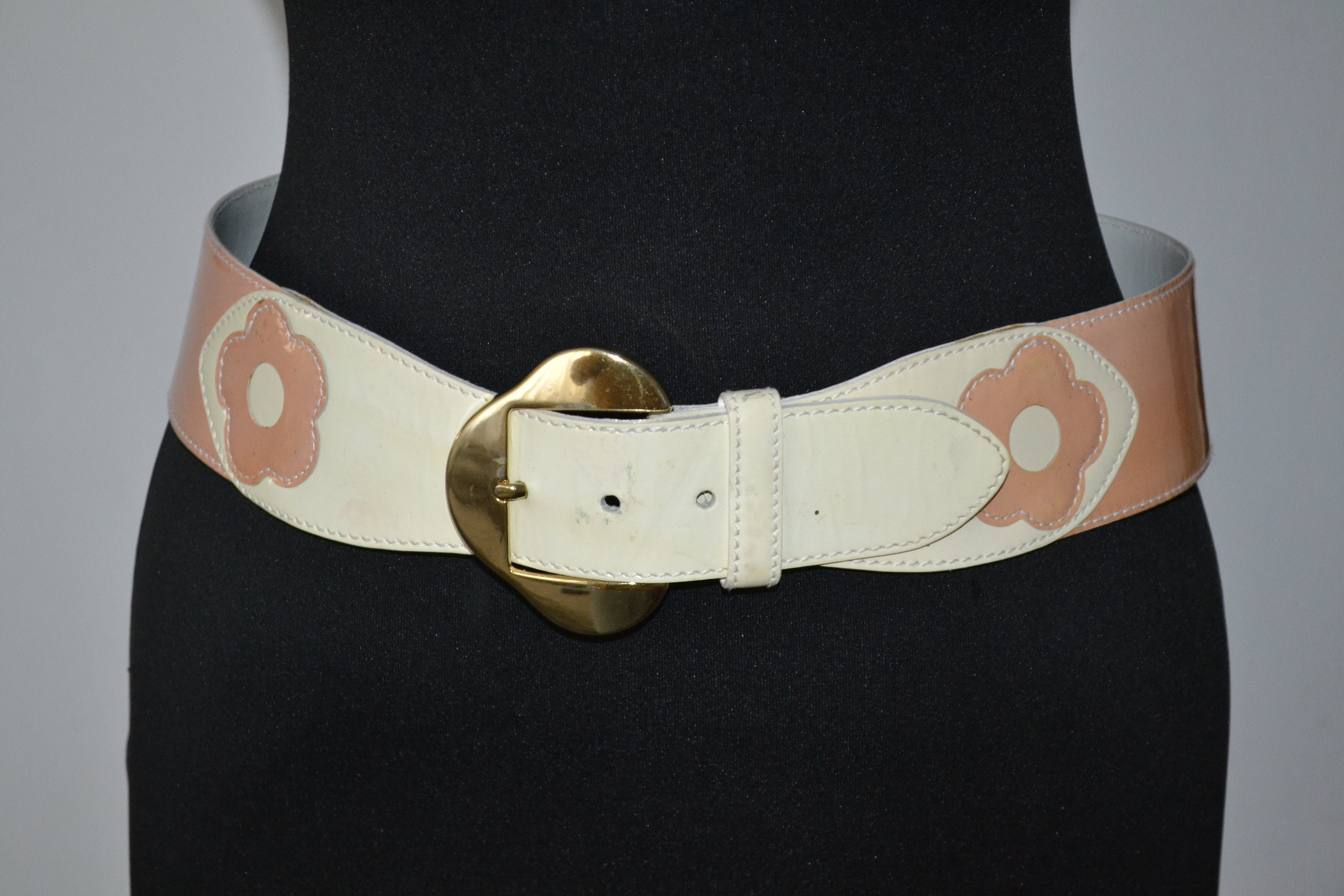 Escada white leather waist belt with gold hardware and floral details Escada Vintage Leather Iridescent Sparkling Cheetah Print  main image 2