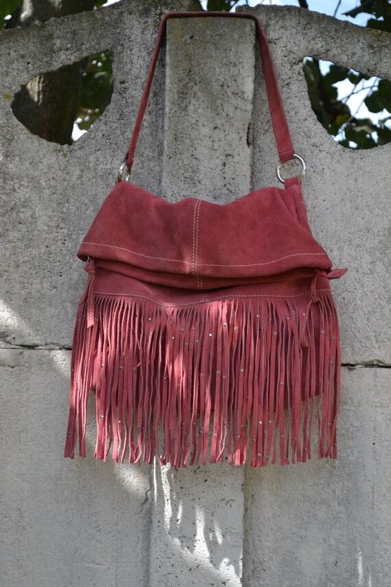 Vintage pink fringe suede leather bag