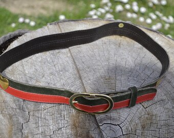 Vintage Leather Belt, Red and Green with Gold Hearts