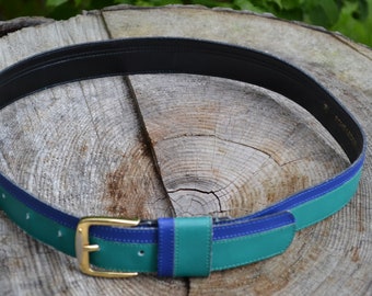 Vintage leather belt , green and blue /color block belt