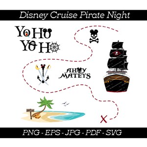 May include: A red, white, and black pirate ship with a skull and crossbones flag sails on a white background. A red dashed line forms a path around the ship, leading to a treasure chest, a sword, and a Mickey Mouse head. The text "Yo Ho YOHO" and "Ahoy Mateys" are also included.