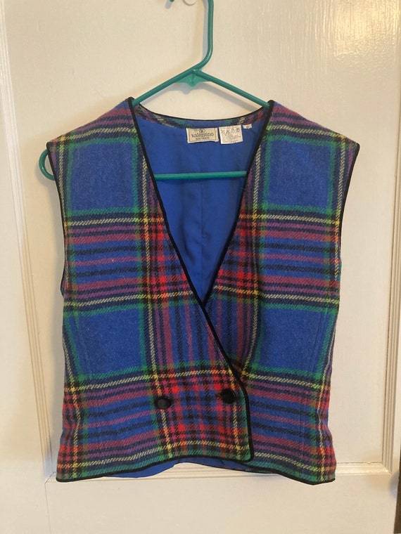 Vintage 1980s Double-Breasted Wool Plaid Designer… - image 1