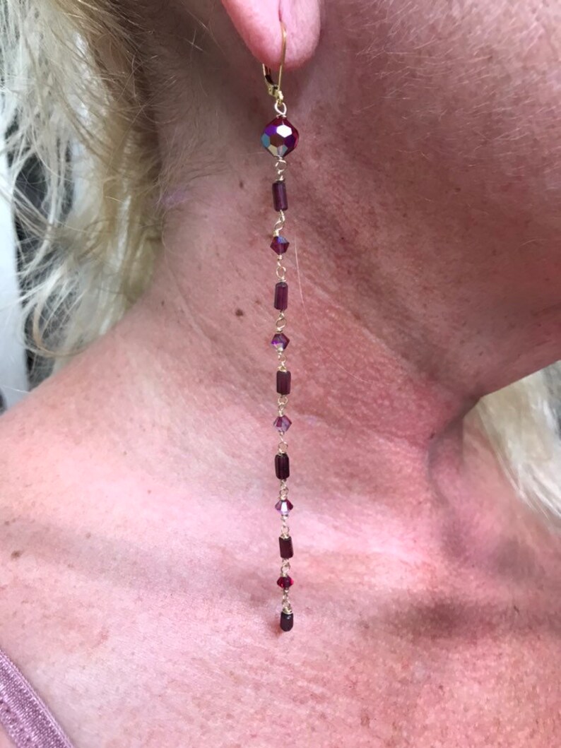 Rhodolite Garnet Earrings 14k Gold Filled Long Gem Earrings Garnet Long Drop Natural Rhodolite Garnet Lever Back Gold Gem Earrings