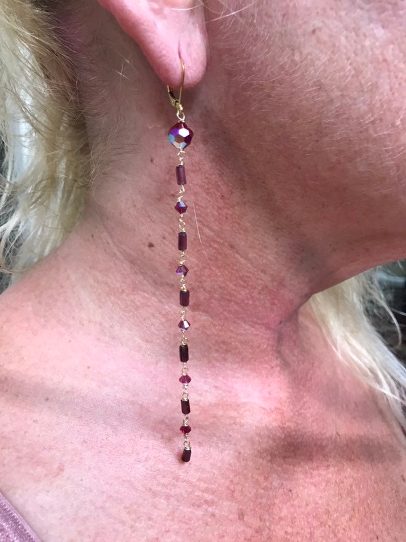 Rhodolite Garnet Earrings 14k Gold Filled Long Gem Earrings Garnet Long Drop Natural Rhodolite Garnet Lever Back Gold Gem Earrings