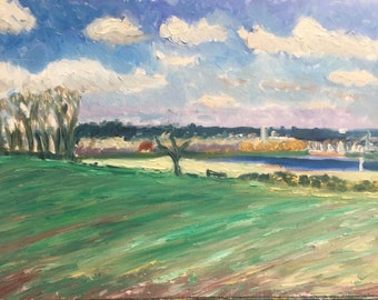 An original impressionist landscape oil painting on canvas Woodbridge from Symes Hill impressionistic Style En Plein Air painting