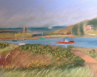 Landscape painting pastel painting landscape sketch original pastel drawing of the river Deben Near Woodbridge