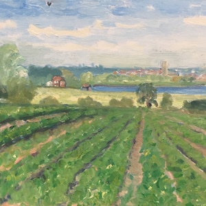 An original impressionist landscape oil painting Signed by the local artist oil on canvas The View from Ancient Oaks Hill to Woodbridge
