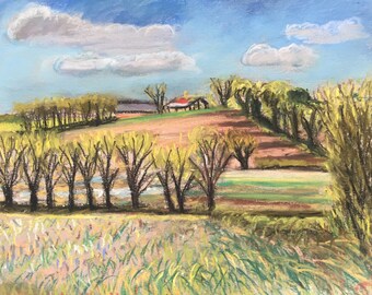 A Blustery Spring Day , late Afternoon in the Deben Vale Near Waldringfield Woodbridge an original impressionist pastel painting signed