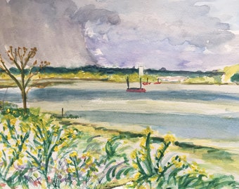 April showers over Woodbridge On The River Deben an original Suffolk impressionist watercolour & gouache en plein air painting Signed