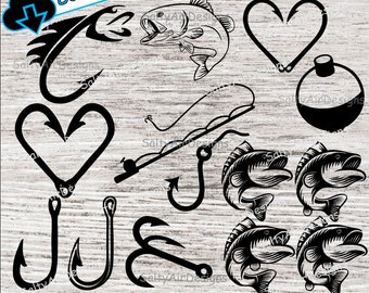 Fishing Digital Cut Files Bundle - Digital File - SVG - DXF - EPS - png - Vector - fishing Clipart - hook, heart hooks, bobber, fishing pole