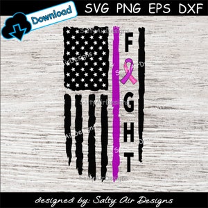 May include: A distressed American flag with a thin purple line down the center. The word "FIGHT" is written vertically in black letters on the right side of the flag. A pink ribbon with a white polka dot pattern is on the purple line.