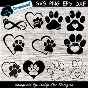 Bundle de fichiers numériques de patte d'animal - fichier numérique - SVG - DXF - EPS - png - vecteur - Clipart de patte de chien - patte de chat, patte de coeur, infini, amour