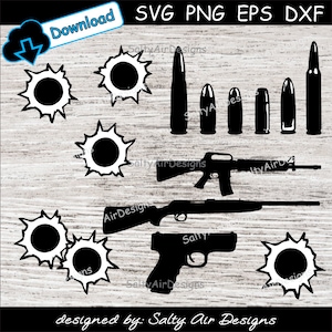 May include: Black and white silhouette design featuring a rifle, a pistol, and a shotgun. There are also bullet casings and bullet holes in the design. The design is on a woodgrain background.