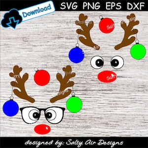 Rendieren SVG - Big Eyes Rendieren Gezicht met Ornament Geweien en rode neus - Kerst Rendieren eps, png, dxf, svg, sublimatie, cricut, vinyl