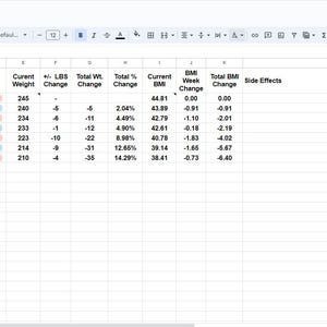 May include: A spreadsheet with a graph showing weight loss over time. The spreadsheet includes columns for date, weeks complete, dose, injection site, current weight, lbs change, total weight change, total % change, current BMI, BMI week change, and total BMI change. The graph shows a downward trend in weight over time.