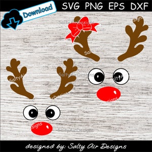 Rendier SVG - Rendiergezicht met gewei en rode neus - Kerstrendier – eps, png, dxf, svg, sublimatie, cricut, vinyl, Kerstmis