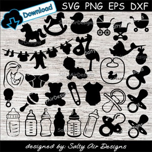 Baby elementen Svg, Baby Clipart, Dxf, Babyfles PNG, Baby EPS-bestand, Veiligheidsspeld Vector, Fopspeen, Wandelwagen, Ooievaar, Rocking Horse Cut Files